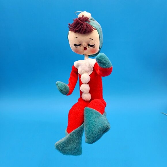 Vintage 1950s Pixie Elf Knee Hugger Japan Sockinette Face Ornament Red Green - Picture 5 of 12